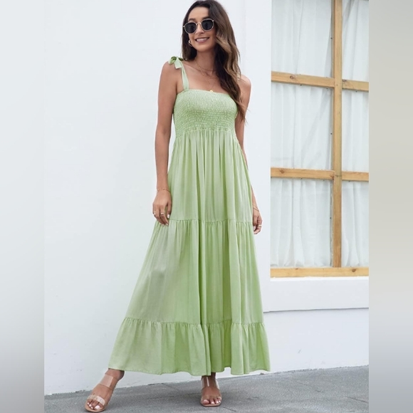 Mint Green Maxi Tiered Boho Dress Shoulder Ties Long Flowy Bohemian Tie Sundress - Picture 8 of 13